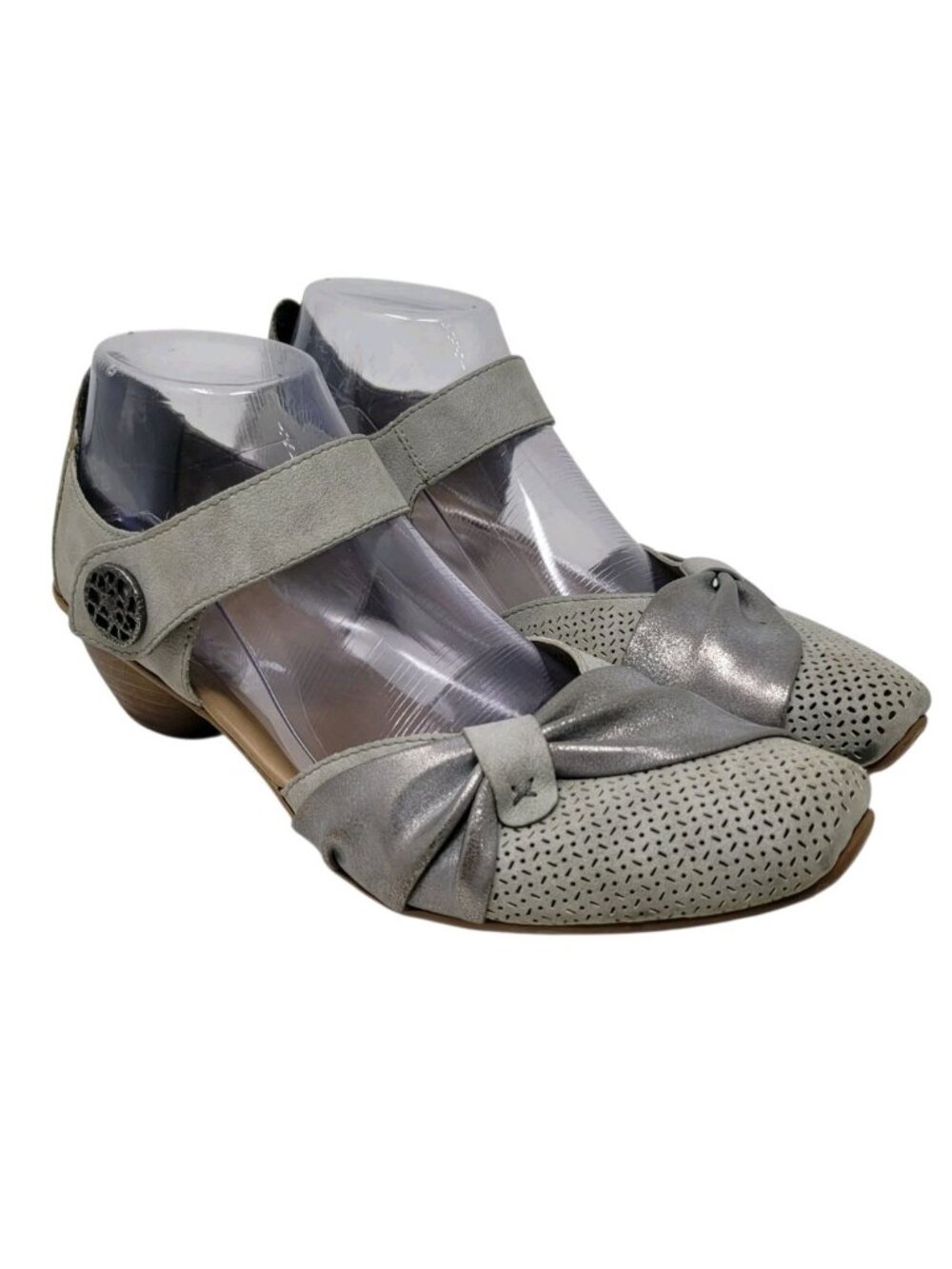 Rieker Block Heel Touch Fasten Bow Mary Jane Shoes size 9.5 EU 40 Silver Gray